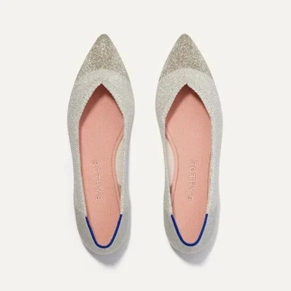 New Rothy’s The Point Diamond Metallic  Flats Cream Platinum Size 11 - Picture 1 of 5
